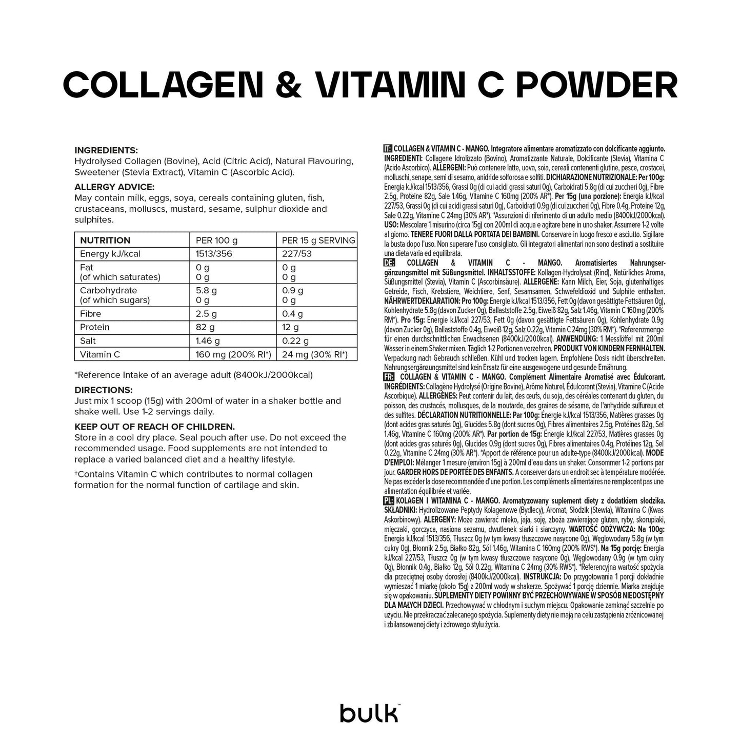 Bulk Collagène et Vitamine C en Poudre, Orange, 500 g