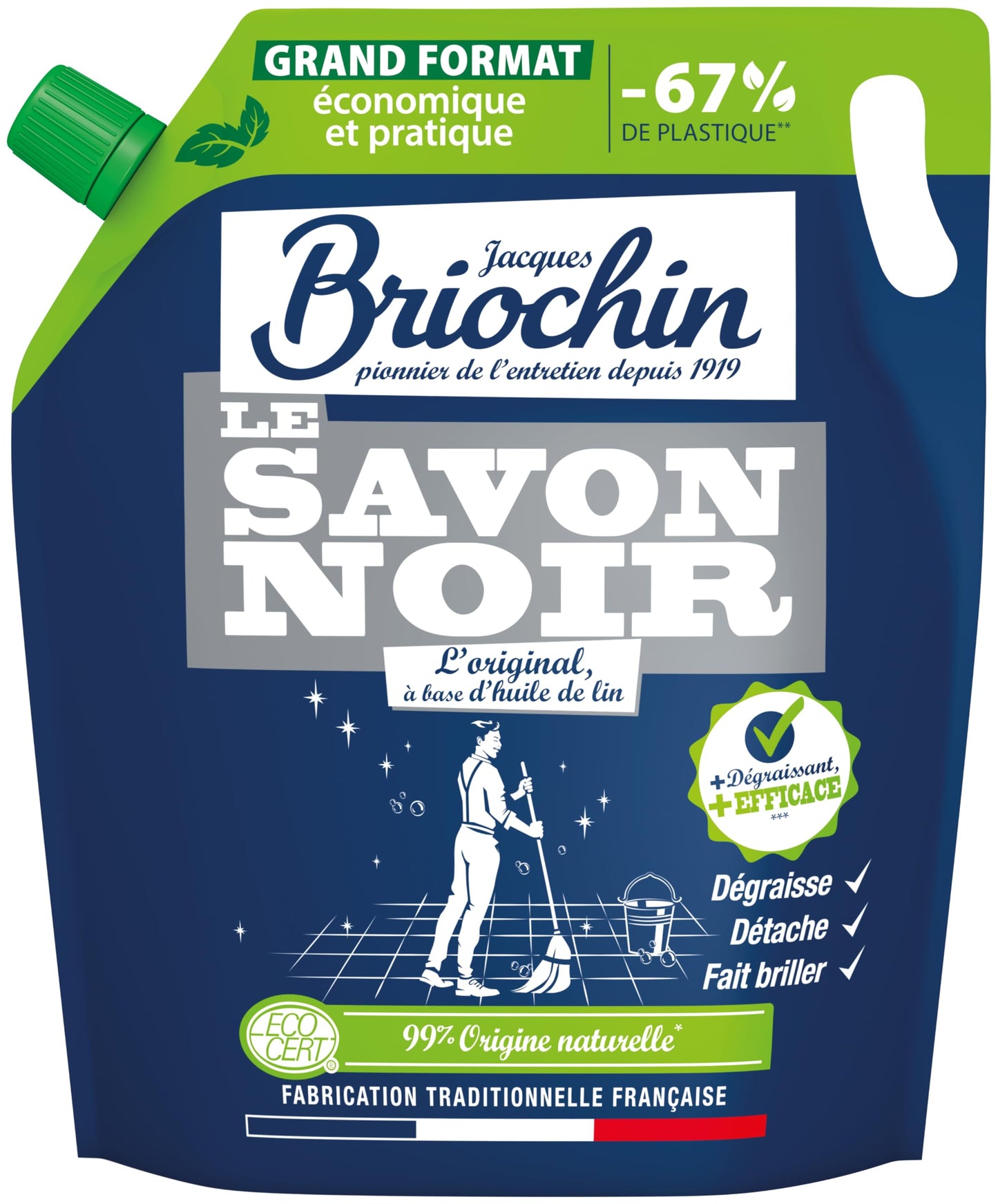 JACQUES BRIOCHIN - Savon noir prêt à l'emploi - A l'huile de lin - Nettoie, détache et fait briller - Ecocert - Fabrication Française - Flacon recyclable - Pulvérisateur 750ml