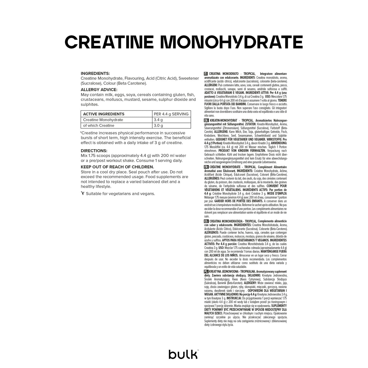 Bulk Créatine Monohydrate Poudre, Non aromatisé, 250 g