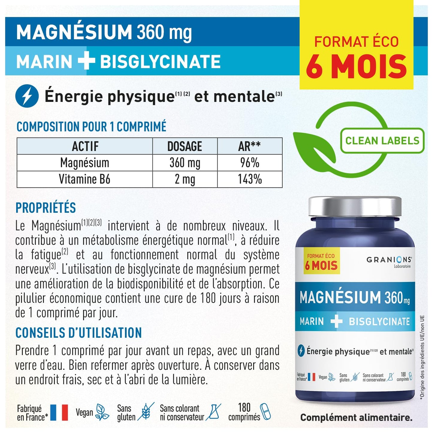 GRANIONS Magnesium Bisglycinate 360 MG - Magnesium Bisglycinate Haute Assimilation + Vitamine B6 - Anti Stress Adulte, Anti Fatigue Puissant - Sans Sucre & Vegan - 10 Shots - Goût Framboise
