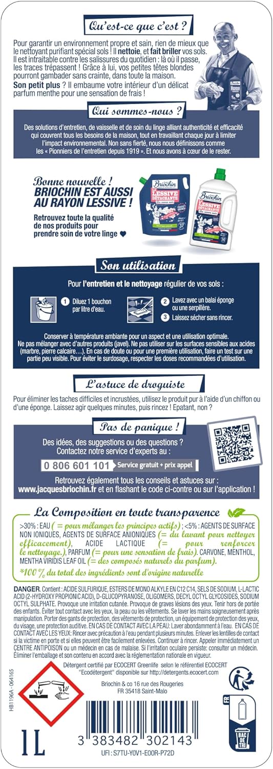 JACQUES BRIOCHIN - Nettoyant Purifiant Spécial Sols - Formule Concentrée - Parfum Menthe - Ecocert - 100% d'Origine Naturelle - Fabrication Française - 1L