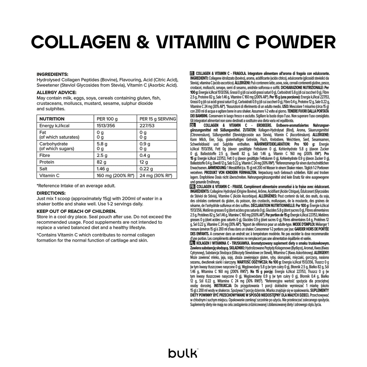 Bulk Collagène et Vitamine C en Poudre, Orange, 500 g