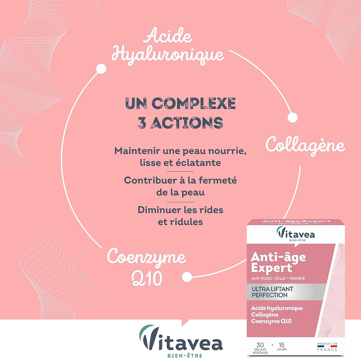 Vitavea - Antiedad/Arrugas Expert Ultra Lifting - Complemento Alimenticio Luminosidad, Firmeza - Ácido Hialurónico, Colágeno, Coenzima Q10, Zinc - 30 cápsulas - Tratamiento de 15 días - Fabricado en Francia