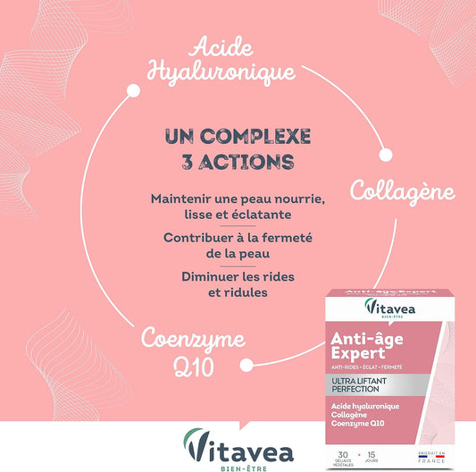 Vitavea - Anti Age/Rides Expert Ultra Liftant - Complément Alimentaire Eclat, Fermeté - Acide Hyaluronique, Collagène, Coenzyme Q10, Zinc - 30 gélules - Cure de 15 jours - Fabriqué en France