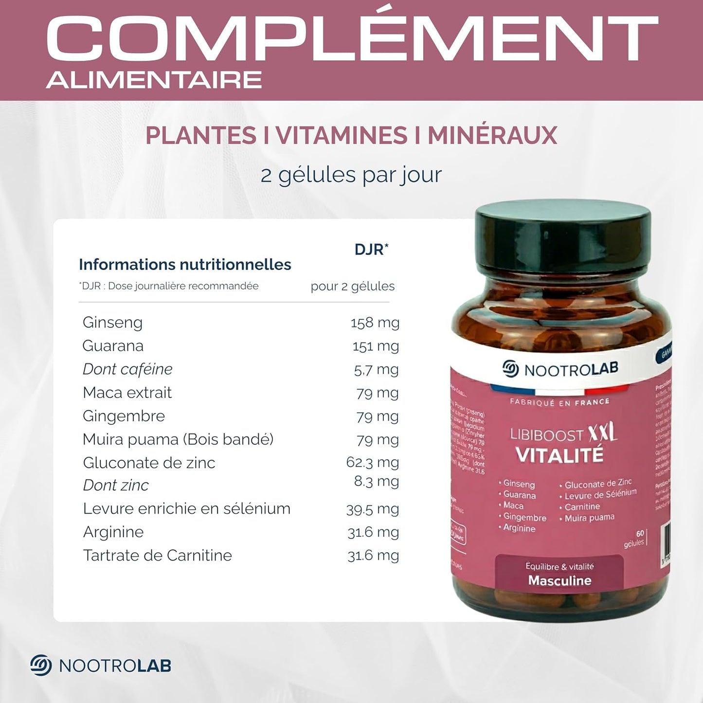 Libiboost – Complément Vitalité Sexuelle Homme – Ginseng, Maca, Zinc, Guarana, Gingembre, Bois Bandé – Libido, Énergie, Érection – Fabriqué en France – Fertilité, Performance