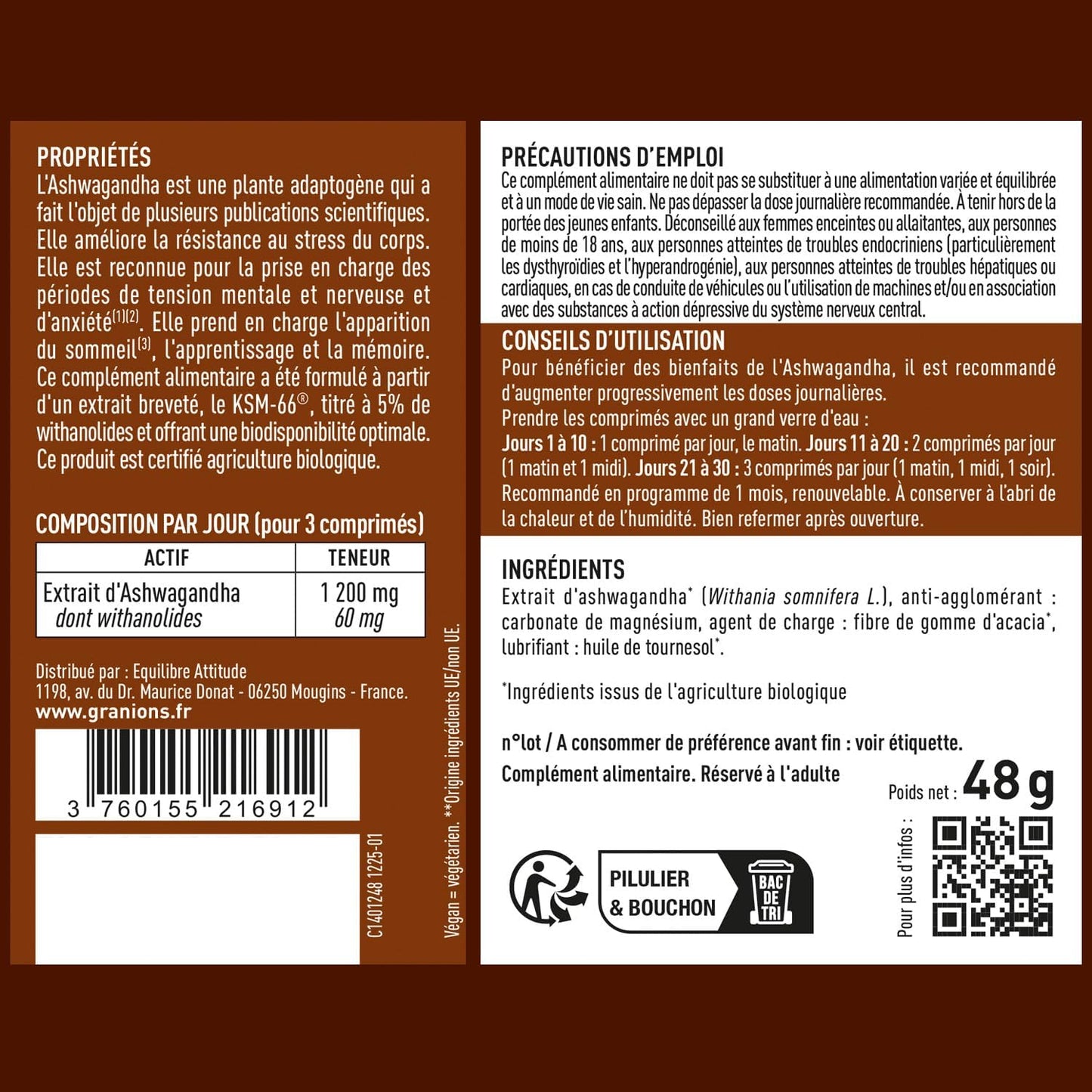 Cortisol - Ashwagandha Bio Granions - Anti Stress - KSM-66-60 Comprimes