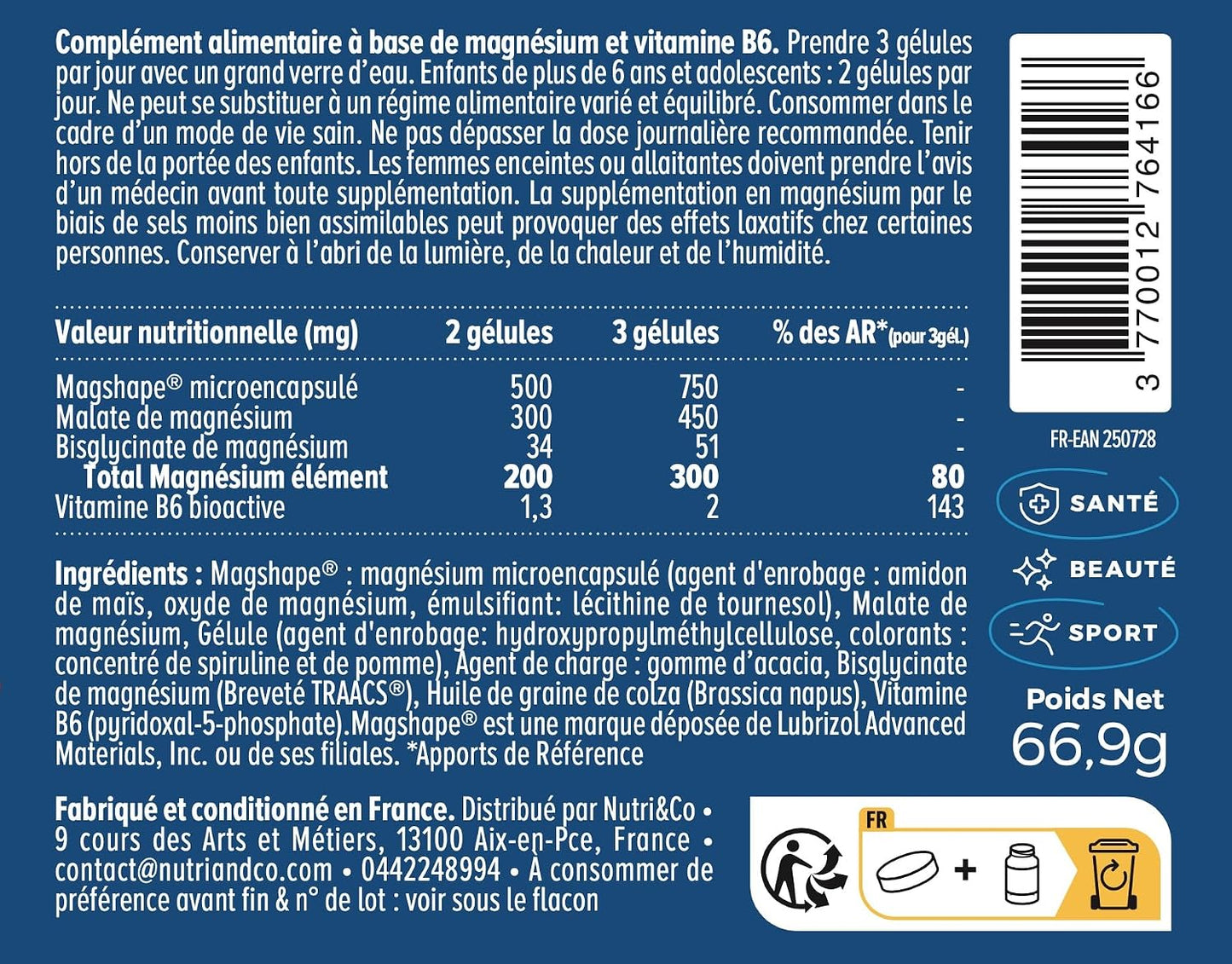 NUTRI&CO Magnésium Bisglycinate Malate & Liposome vitamine B6 | 120 Gélules