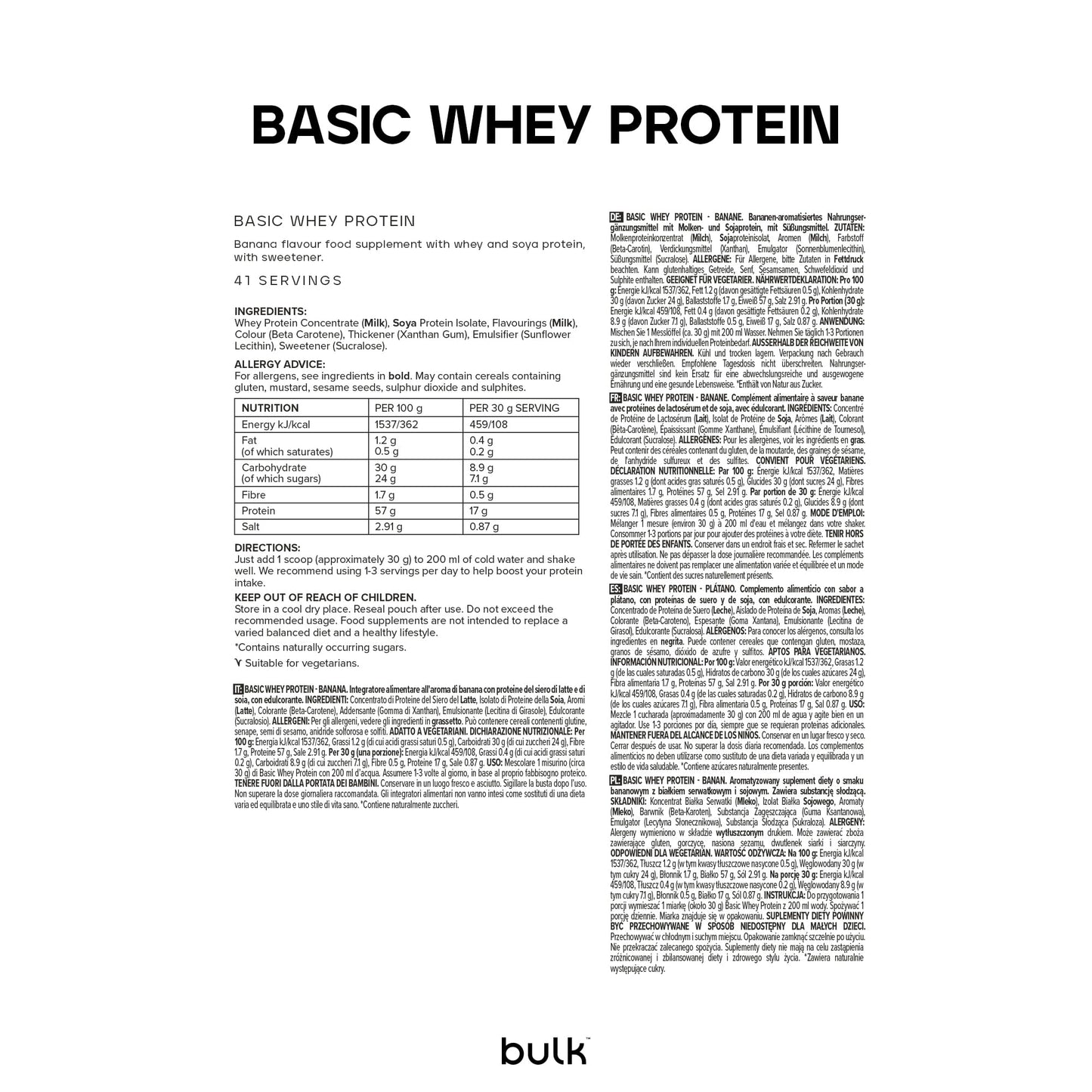 Bulk Basic Protéine en Poudre | Vanille | 1,25kg | 41 Portions | Jusqu’à 18g de Protéines Portion | Faible en Sucres | Formule à Absorption Rapide | Prise de Masse Musculaire et la Récupération