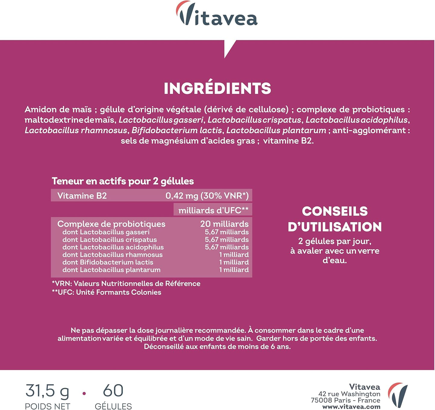 Vitavea Probióticos Flora Íntima - Hasta 40 Mil Millones de UFC - 6 Cepas Incluyendo Lactobacillus Gasseri y Crispatus - Vitamina B2 para Mucosas Sanas - 60 Cápsulas - Fabricado en Francia
