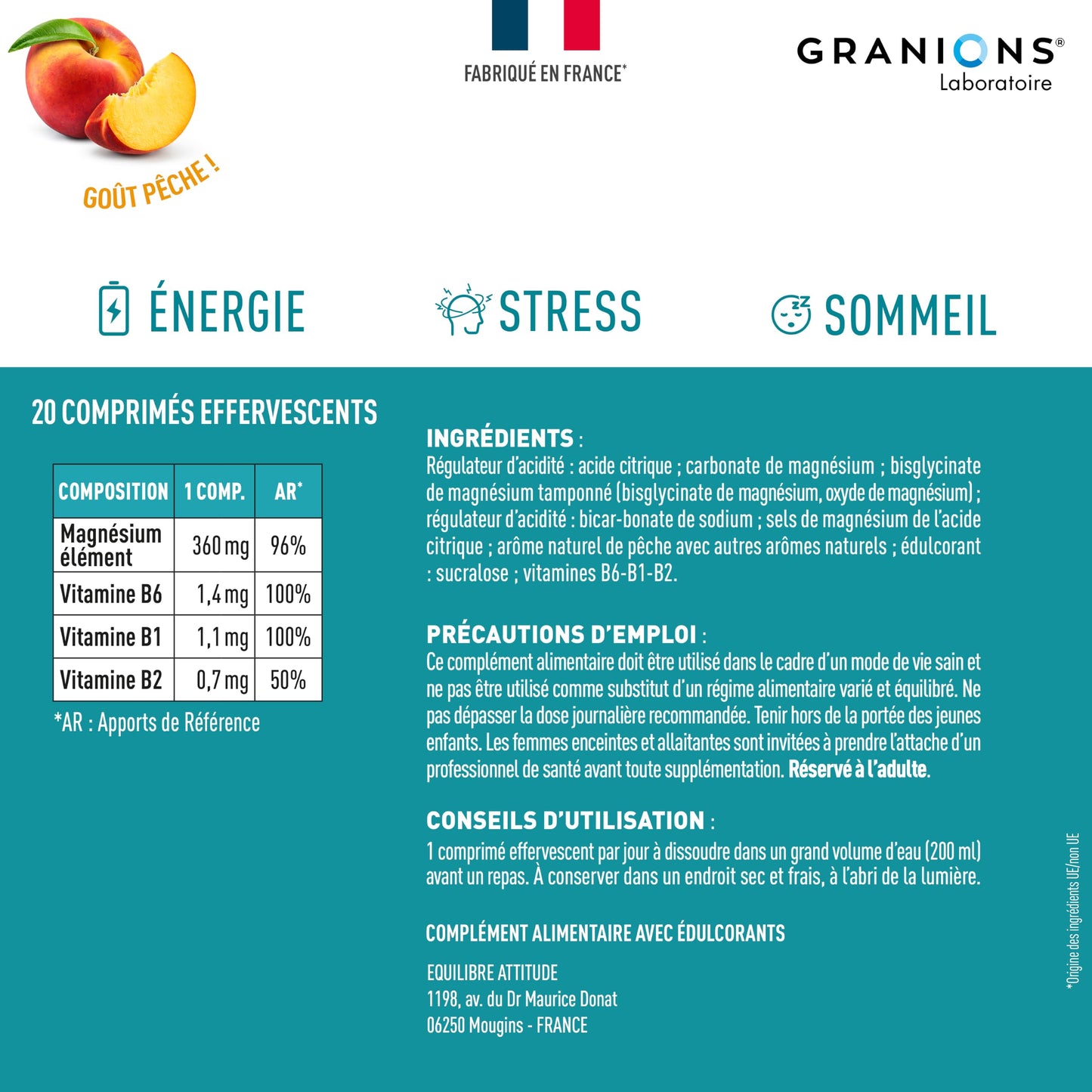 GRANIONS Magnesium Bisglycinate 360 MG - Magnesium Bisglycinate Haute Assimilation + Vitamine B6 - Anti Stress Adulte, Anti Fatigue Puissant - Sans Sucre & Vegan - 10 Shots - Goût Framboise