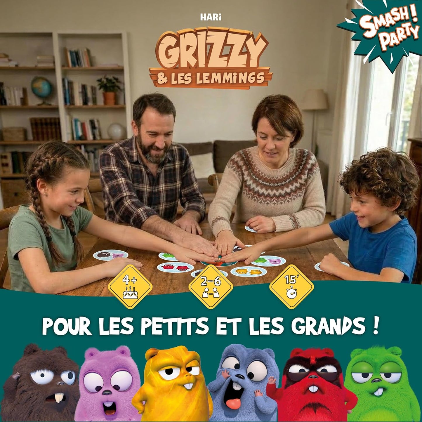 SAVANA - Smash Party | Grizzy et Les Lemmings, Jeu de société coopératif Familial pour Enfants de 4 Ans et Plus | Course, dés et Collection, 2-6 Joueurs, 15 Min, inspiré de la série animée.