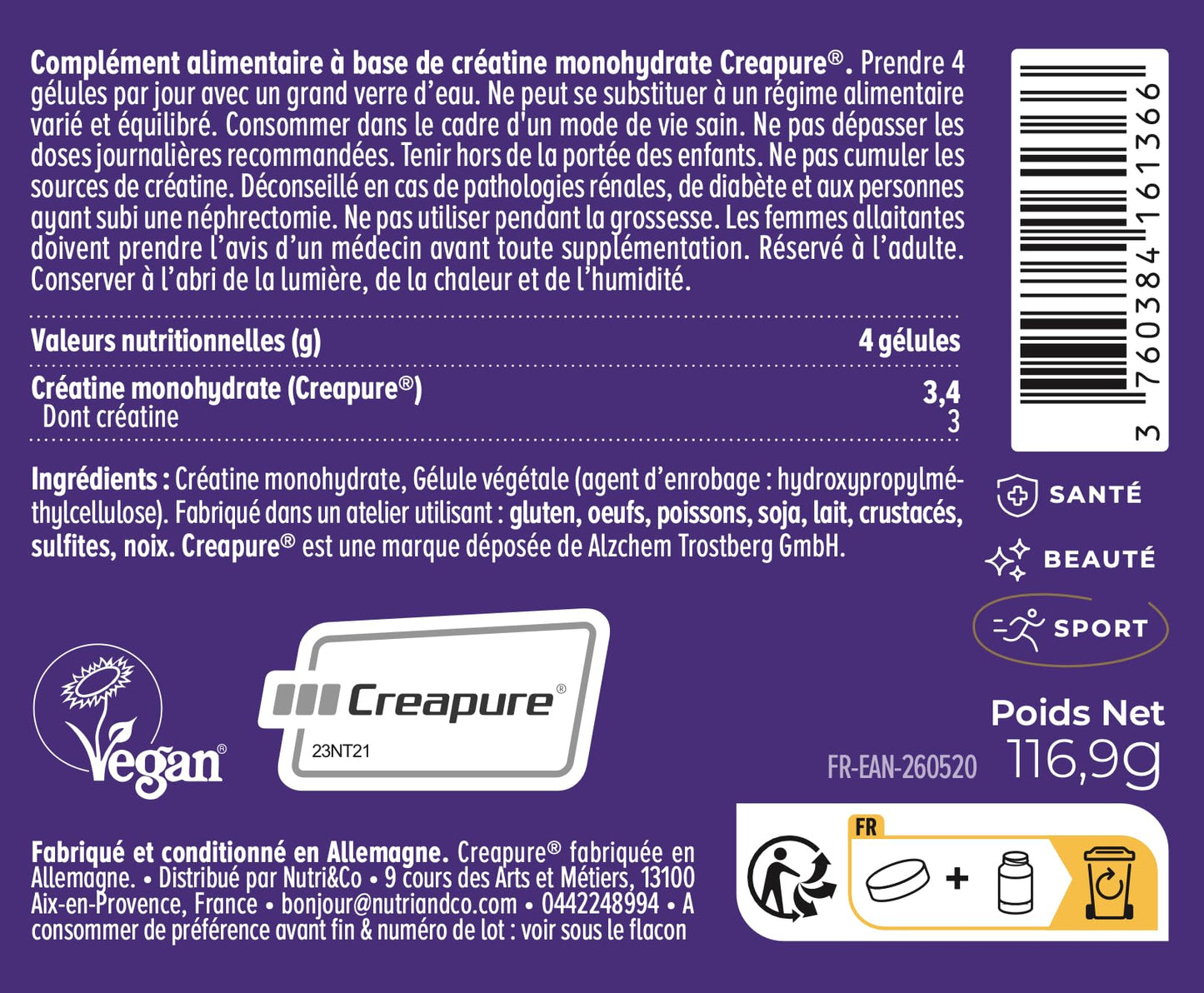 NUTRI&CO Créatine Monohydrate Creapure® 100% Pure | Poudre | 300g Neutre