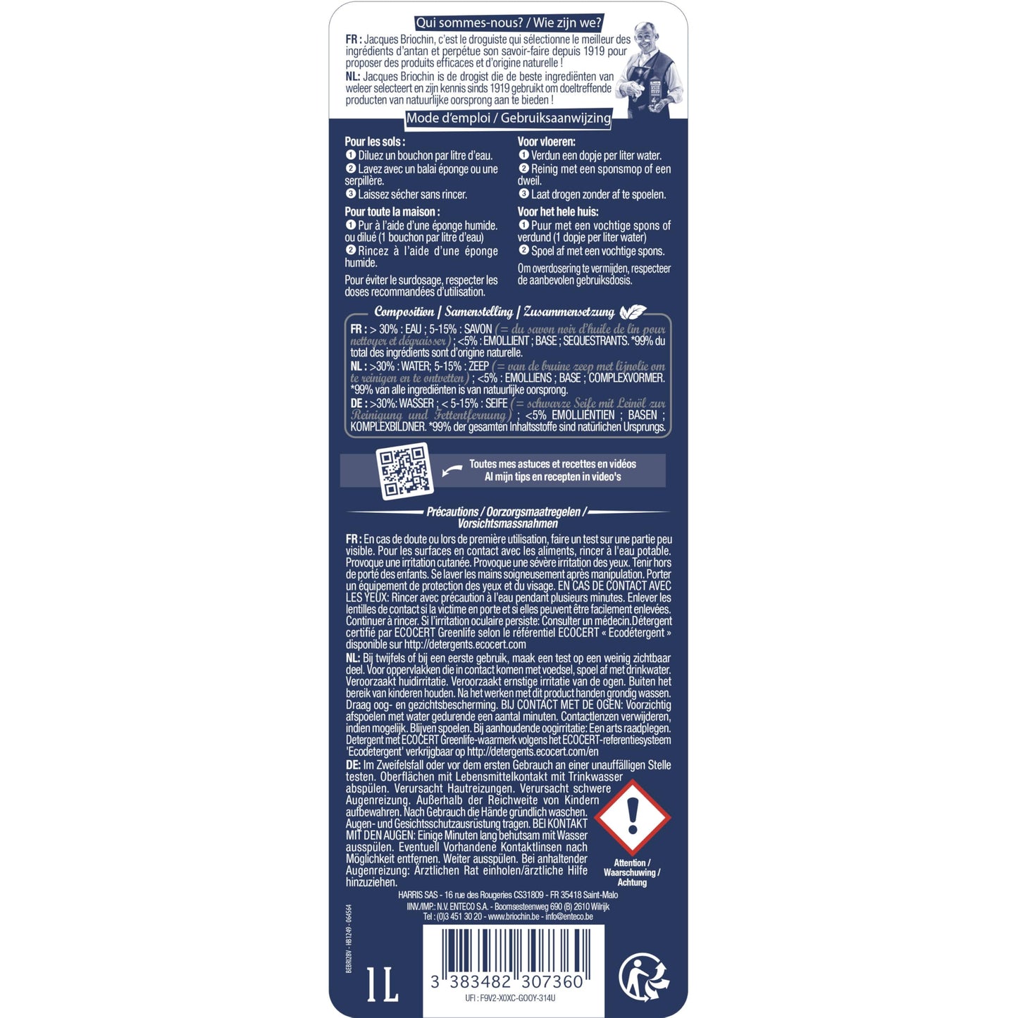 JACQUES BRIOCHIN - Savon noir prêt à l'emploi - A l'huile de lin - Nettoie, détache et fait briller - Ecocert - Fabrication Française - Flacon recyclable - Pulvérisateur 750ml