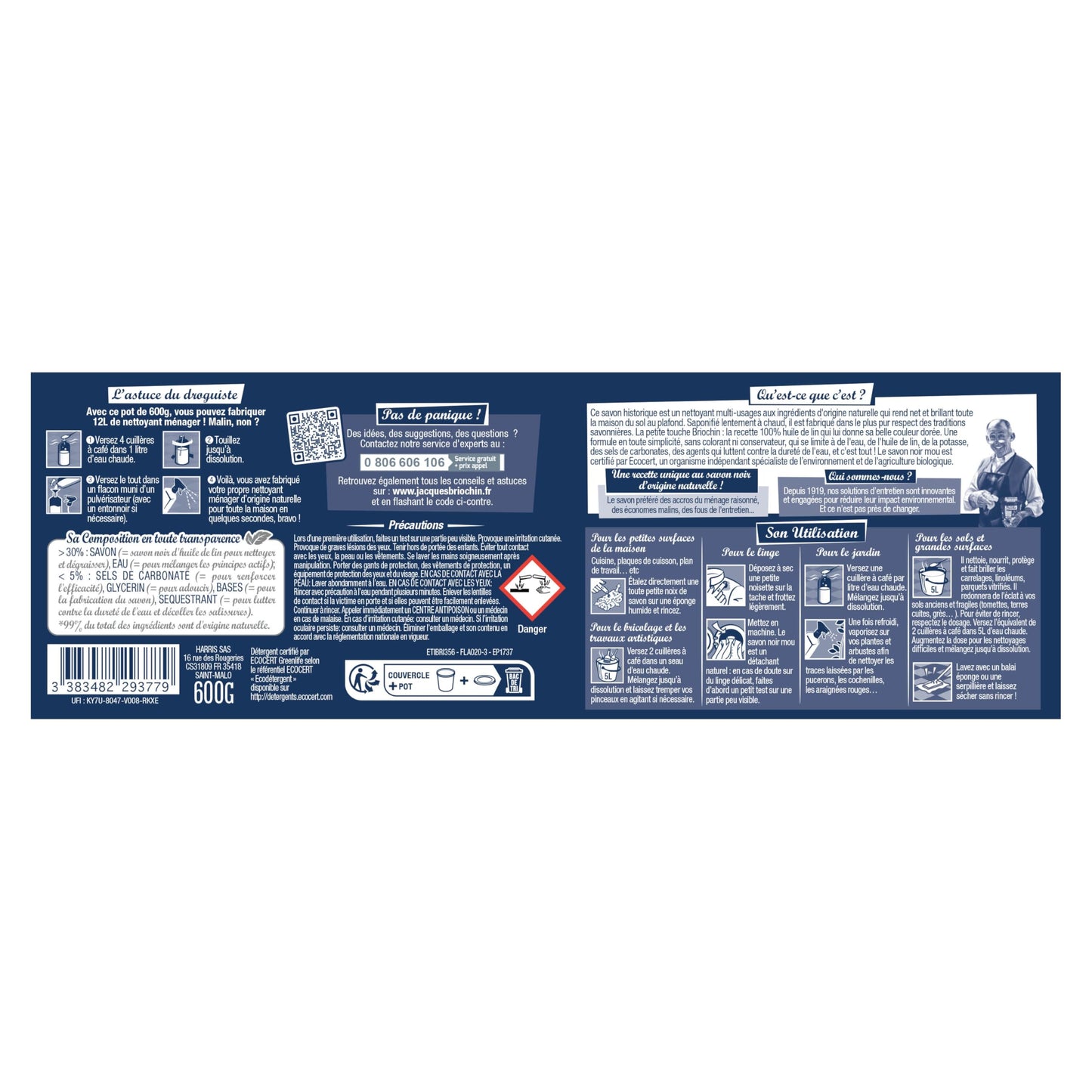 JACQUES BRIOCHIN - Savon noir prêt à l'emploi - A l'huile de lin - Nettoie, détache et fait briller - Ecocert - Fabrication Française - Flacon recyclable - Pulvérisateur 750ml