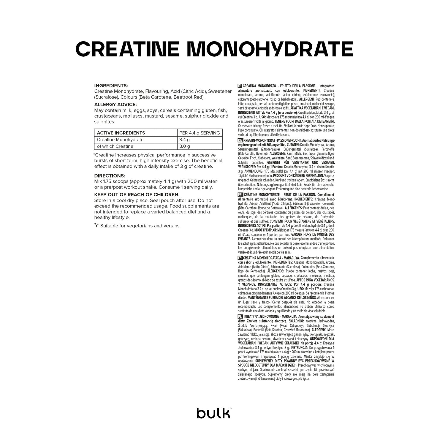 Bulk Créatine Monohydrate Poudre, Non aromatisé, 250 g