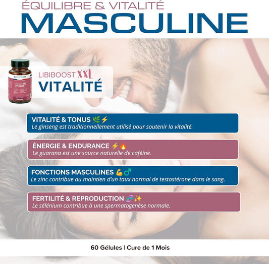 Libiboost – Complément Vitalité Sexuelle Homme – Ginseng, Maca, Zinc, Guarana, Gingembre, Bois Bandé – Libido, Énergie, Érection – Fabriqué en France – Fertilité, Performance