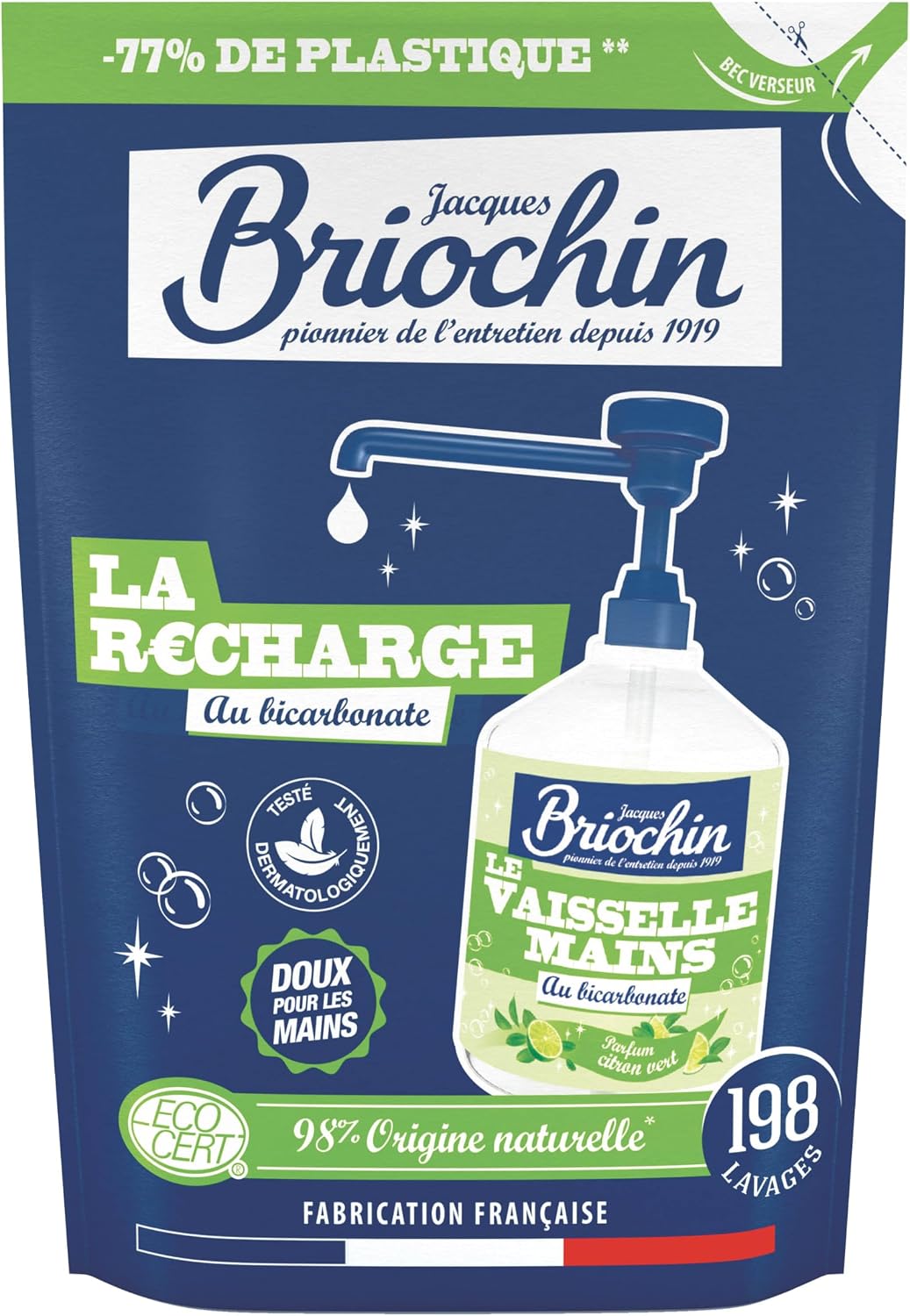 JACQUES BRIOCHIN - Recharge Liquide Vaisselle et Mains - Formule au Bicarbonate de Soude - 99,9% d'Ingrédients d'Origine Naturelle - -Testé dermatologiquement - Fabrication Française - 450ml