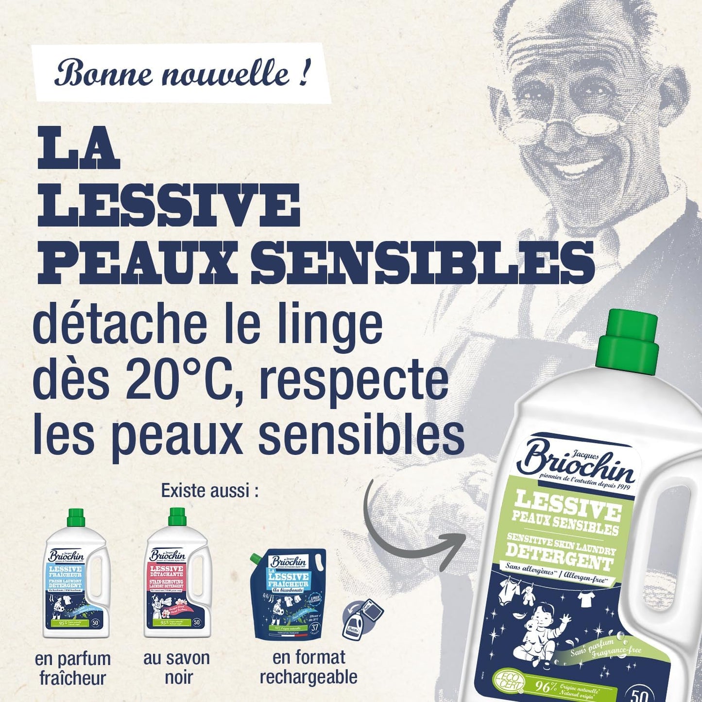 BRIOCHIN Lessive liquide Peaux Sensibles sans parfum, 50 lavages