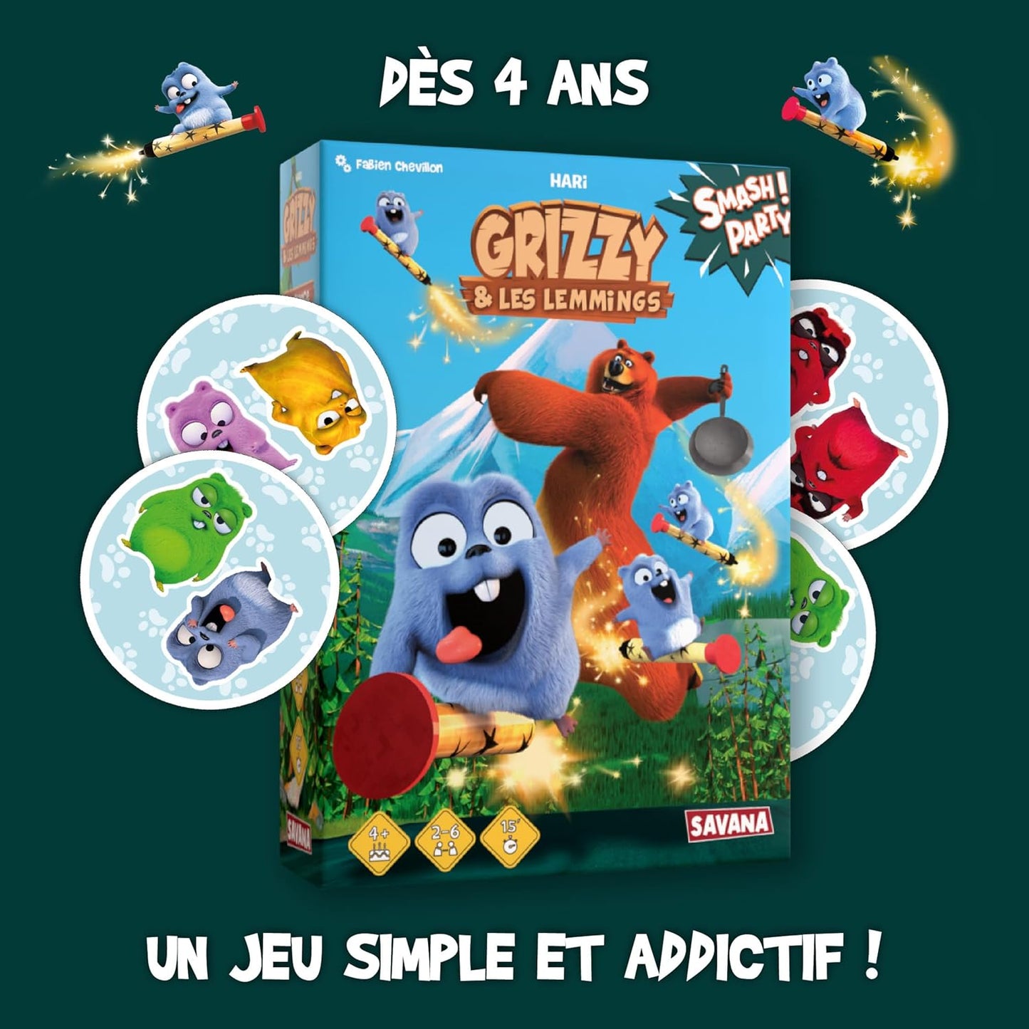 SAVANA - Smash Party | Grizzy et Les Lemmings, Jeu de société coopératif Familial pour Enfants de 4 Ans et Plus | Course, dés et Collection, 2-6 Joueurs, 15 Min, inspiré de la série animée.