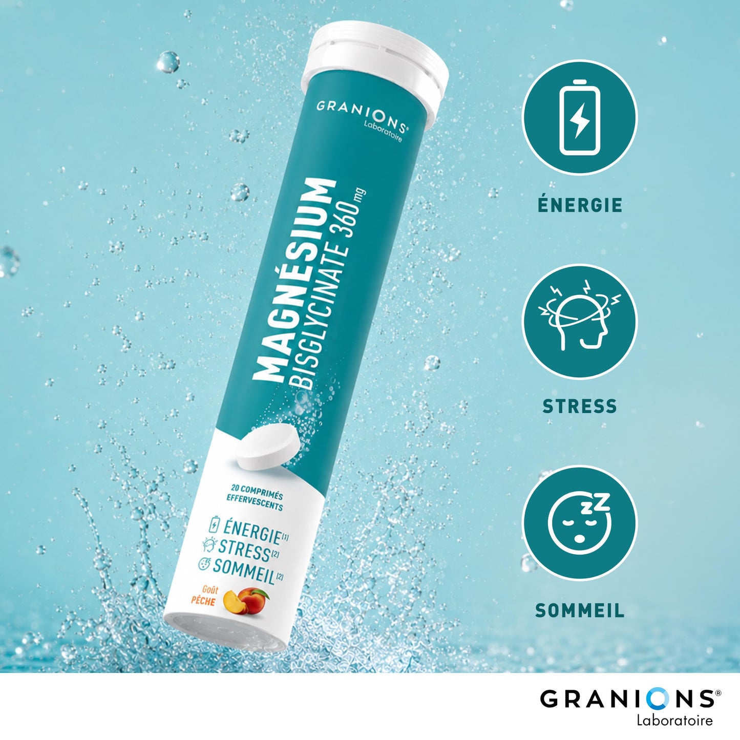 GRANIONS Magnesium Bisglycinate 360 MG - Magnesium Bisglycinate Haute Assimilation + Vitamine B6 - Anti Stress Adulte, Anti Fatigue Puissant - Sans Sucre & Vegan - 10 Shots - Goût Framboise
