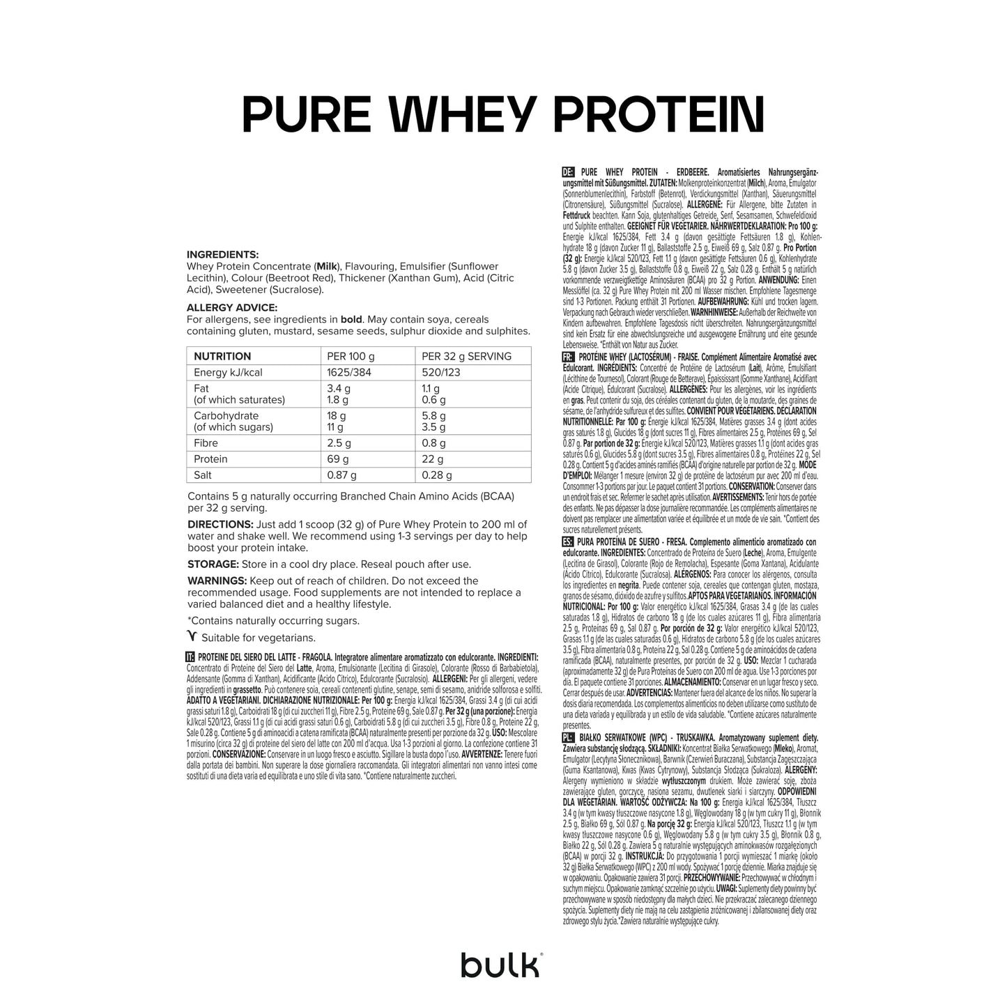 Bulk Pure Whey Protéine en Poudre, Nature, 1kg