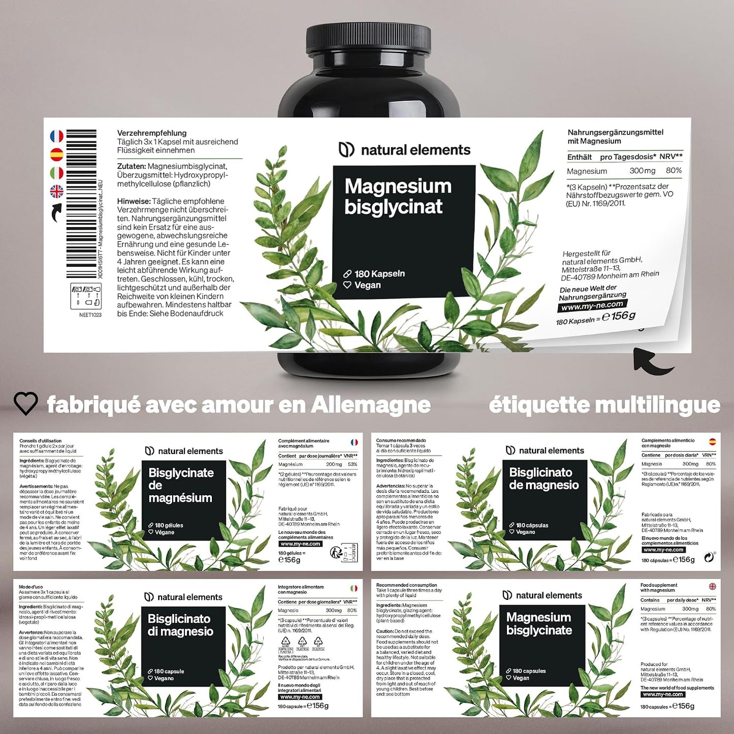 Magnésium Bisglycinate – 300 mg de magnésium élémentaire/dose journalière – 180 gélules, 2 mois d'approvisionnement – doux sur l’estomac, vegan, hautement dosé