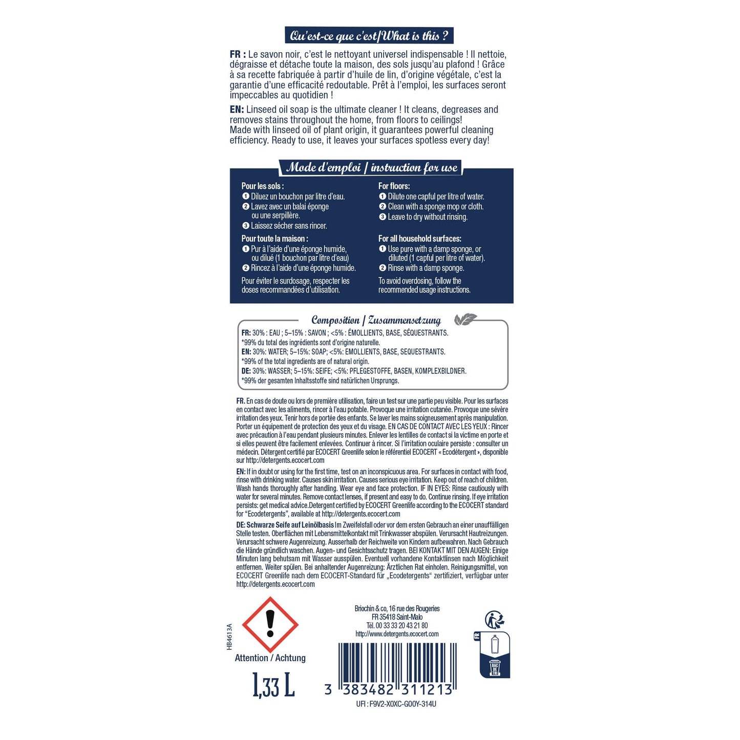 JACQUES BRIOCHIN - Savon noir prêt à l'emploi - A l'huile de lin - Nettoie, détache et fait briller - Ecocert - Fabrication Française - Flacon recyclable - Pulvérisateur 750ml