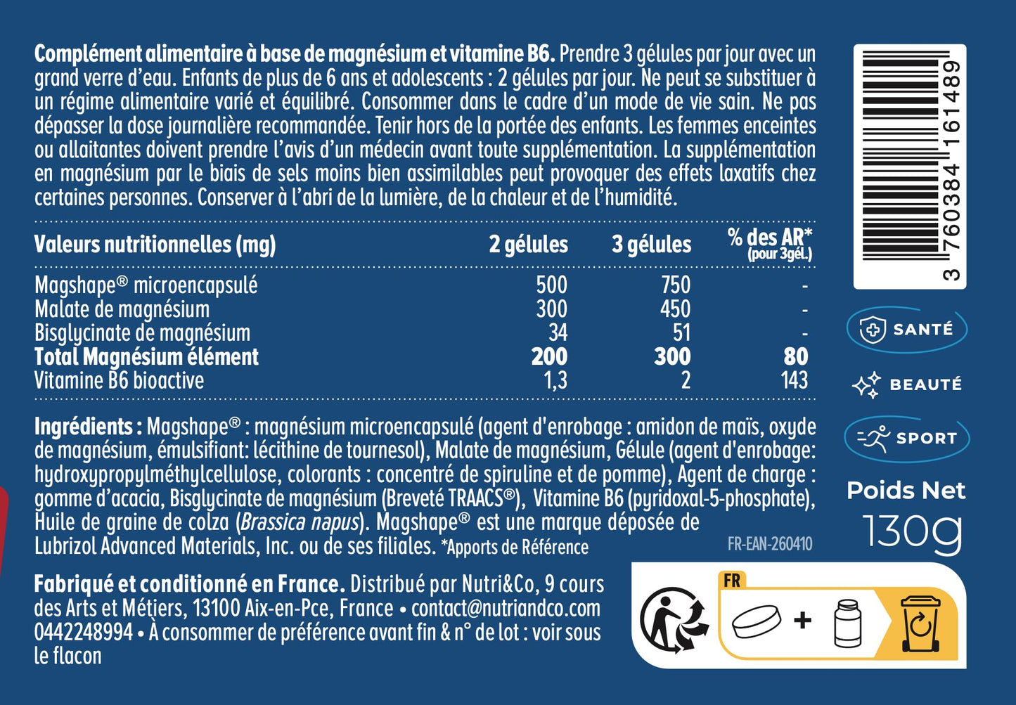 NUTRI&CO Magnésium Bisglycinate Malate & Liposome vitamine B6 | 120 Gélules