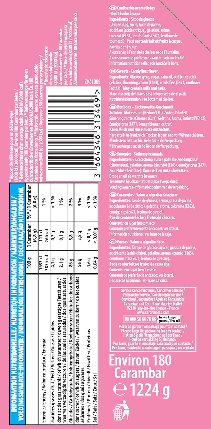 CARAMBAR Bonbons Carambar Barbe à Papa Boite 180 pièces, Rose (Lot de 1)