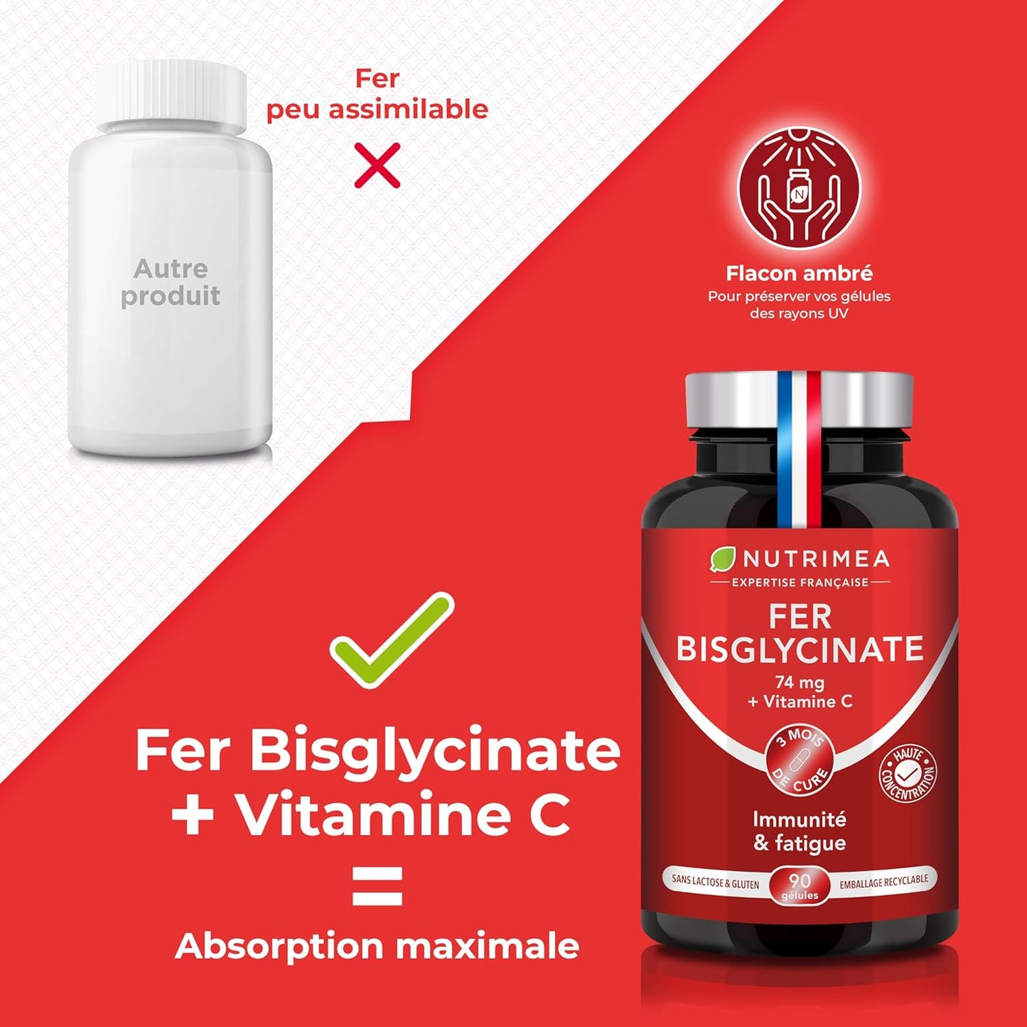 Fer Bisglycinate | Avec Vitamine C | 14 mg de Fer | Breveté Ferrochel®