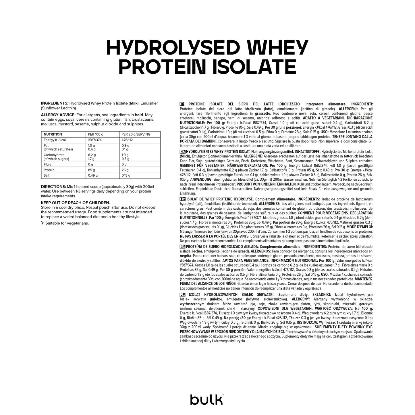 Bulk Isolat de Whey Protéine Hydrolysé, Chocolat, 500 g