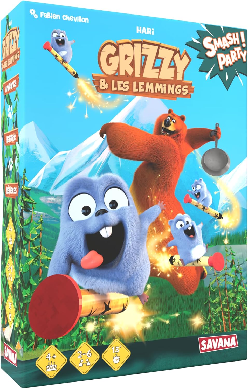SAVANA - Smash Party | Grizzy et Les Lemmings, Jeu de société coopératif Familial pour Enfants de 4 Ans et Plus | Course, dés et Collection, 2-6 Joueurs, 15 Min, inspiré de la série animée.