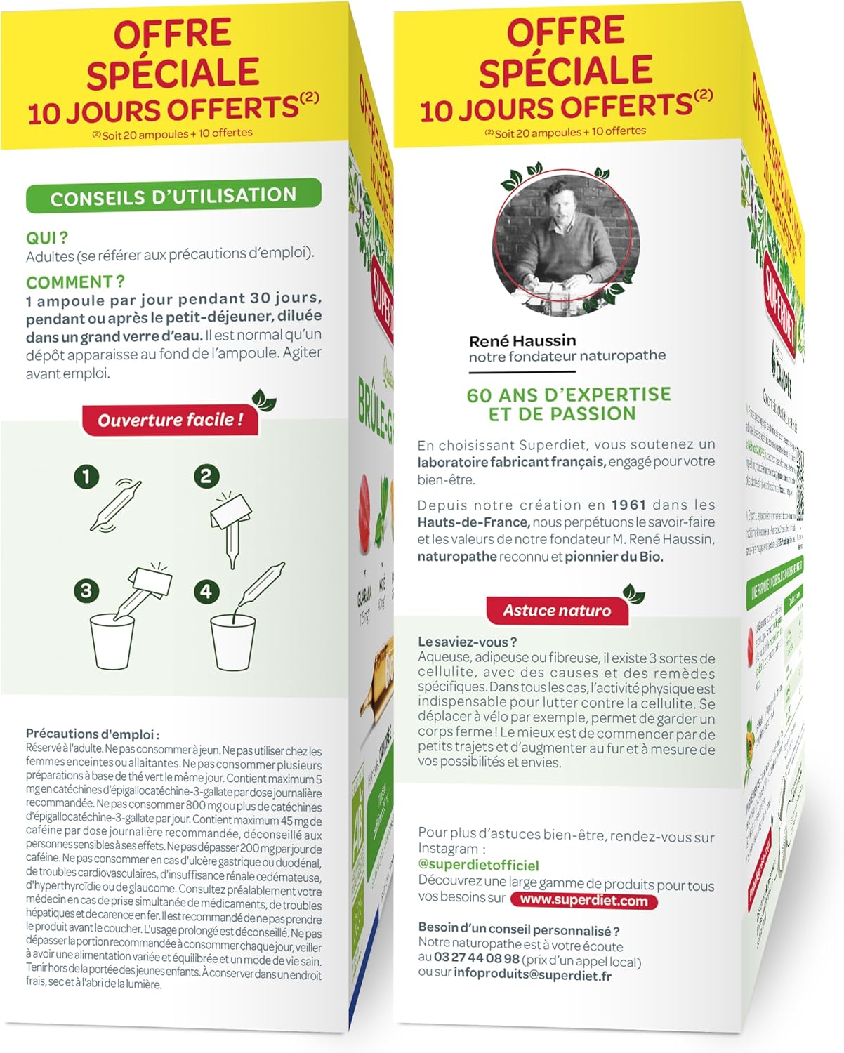 SUPERDIET-QUATUOR BRÛLE-GRAISSE BIO-Minceur-Thé vert, Papaye, Son d'avoine, Guarana-Fabrication française-FORMAT PROMO-30 ampoules de 10ml