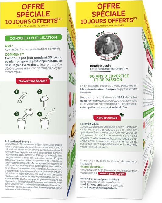 SUPERDIET-QUATUOR BRÛLE-GRAISSE BIO-Minceur-Thé vert, Papaye, Son d'avoine, Guarana-Fabrication française-FORMAT PROMO-30 ampoules de 10ml