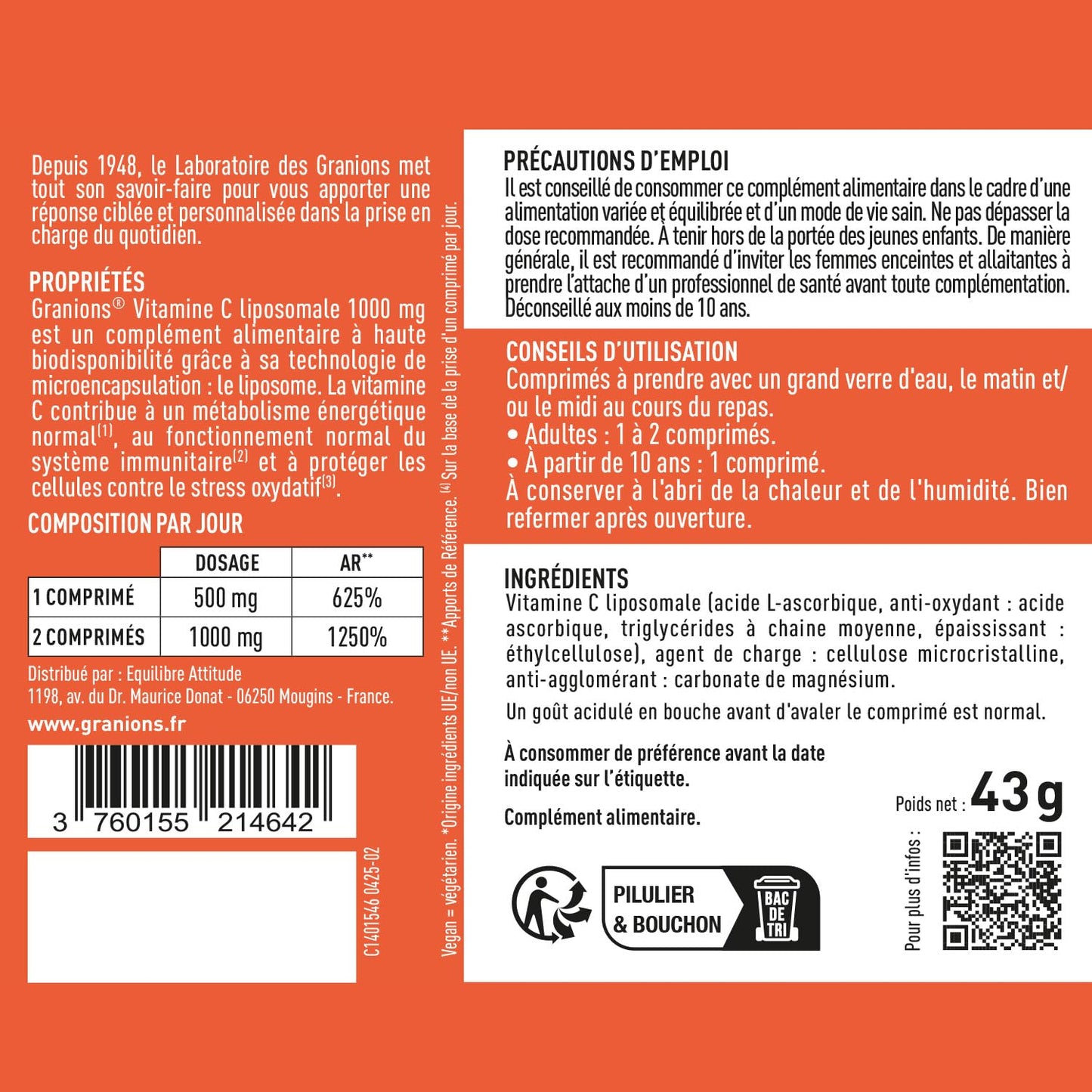 Vitamine C 1000 mg GRANIONS - Energie Immunité - 180 Comprimés Vegan Adulte