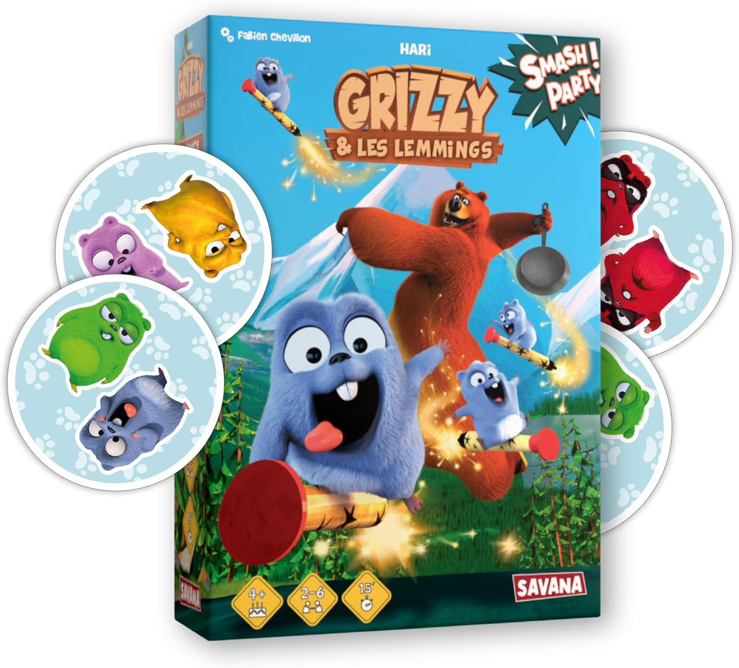 SAVANA - Smash Party | Grizzy et Les Lemmings, Jeu de société coopératif Familial pour Enfants de 4 Ans et Plus | Course, dés et Collection, 2-6 Joueurs, 15 Min, inspiré de la série animée.