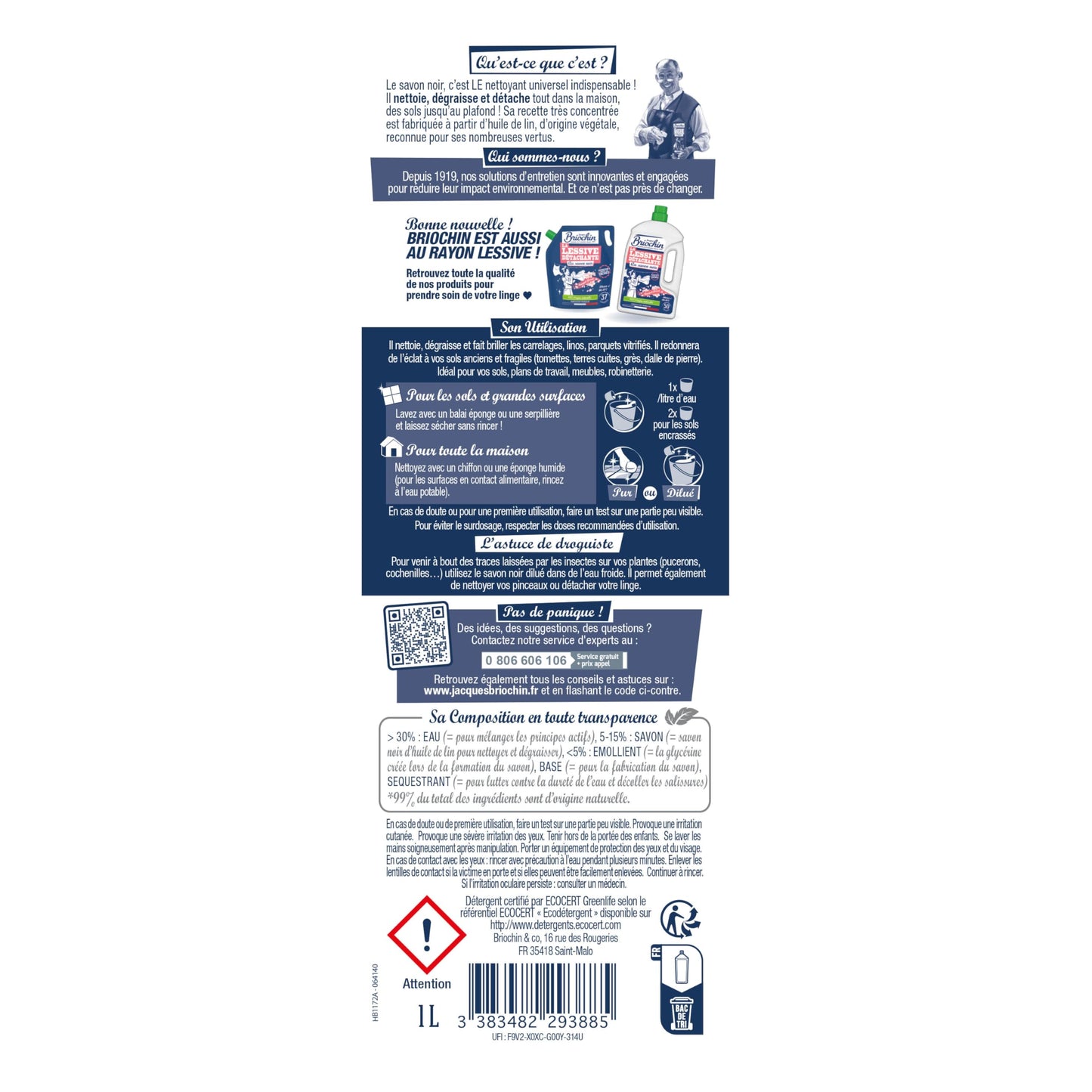 JACQUES BRIOCHIN - Savon noir prêt à l'emploi - A l'huile de lin - Nettoie, détache et fait briller - Ecocert - Fabrication Française - Flacon recyclable - Pulvérisateur 750ml