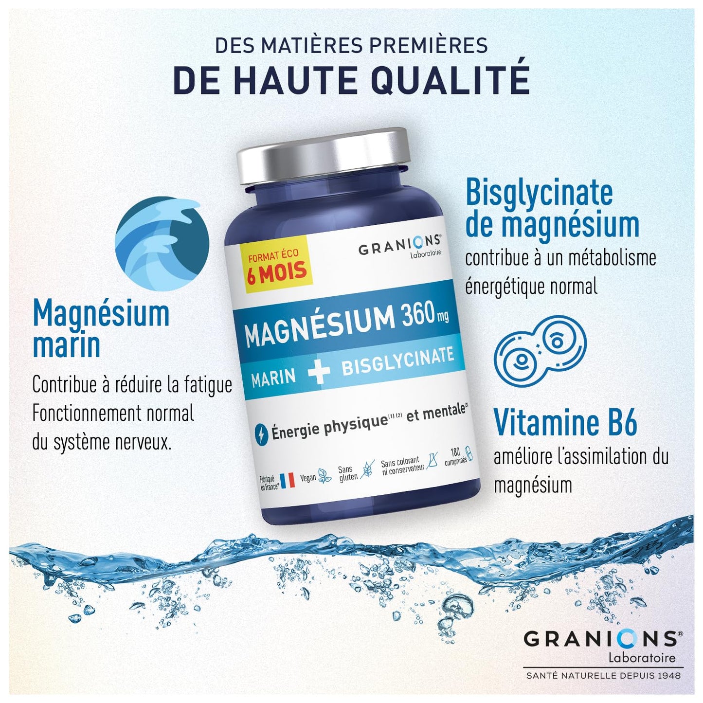 GRANIONS Magnesium Bisglycinate 360 MG - Magnesium Bisglycinate Haute Assimilation + Vitamine B6 - Anti Stress Adulte, Anti Fatigue Puissant - Sans Sucre & Vegan - 10 Shots - Goût Framboise