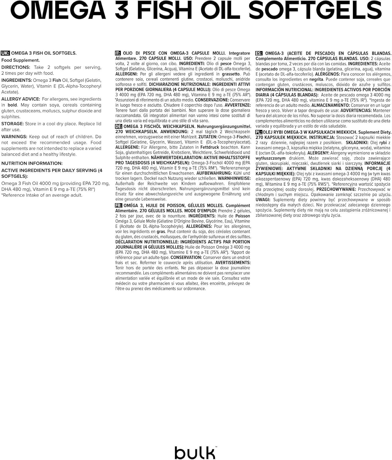 Bulk Gélules d'huile de poisson oméga 3, 1000 mg, paquet de 90
