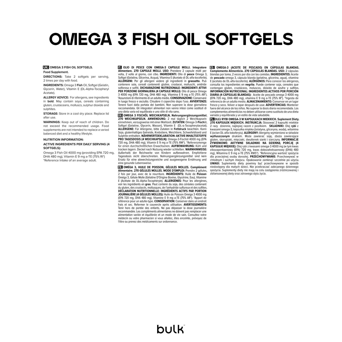 Bulk Gélules d'huile de poisson oméga 3, 1000 mg, paquet de 90