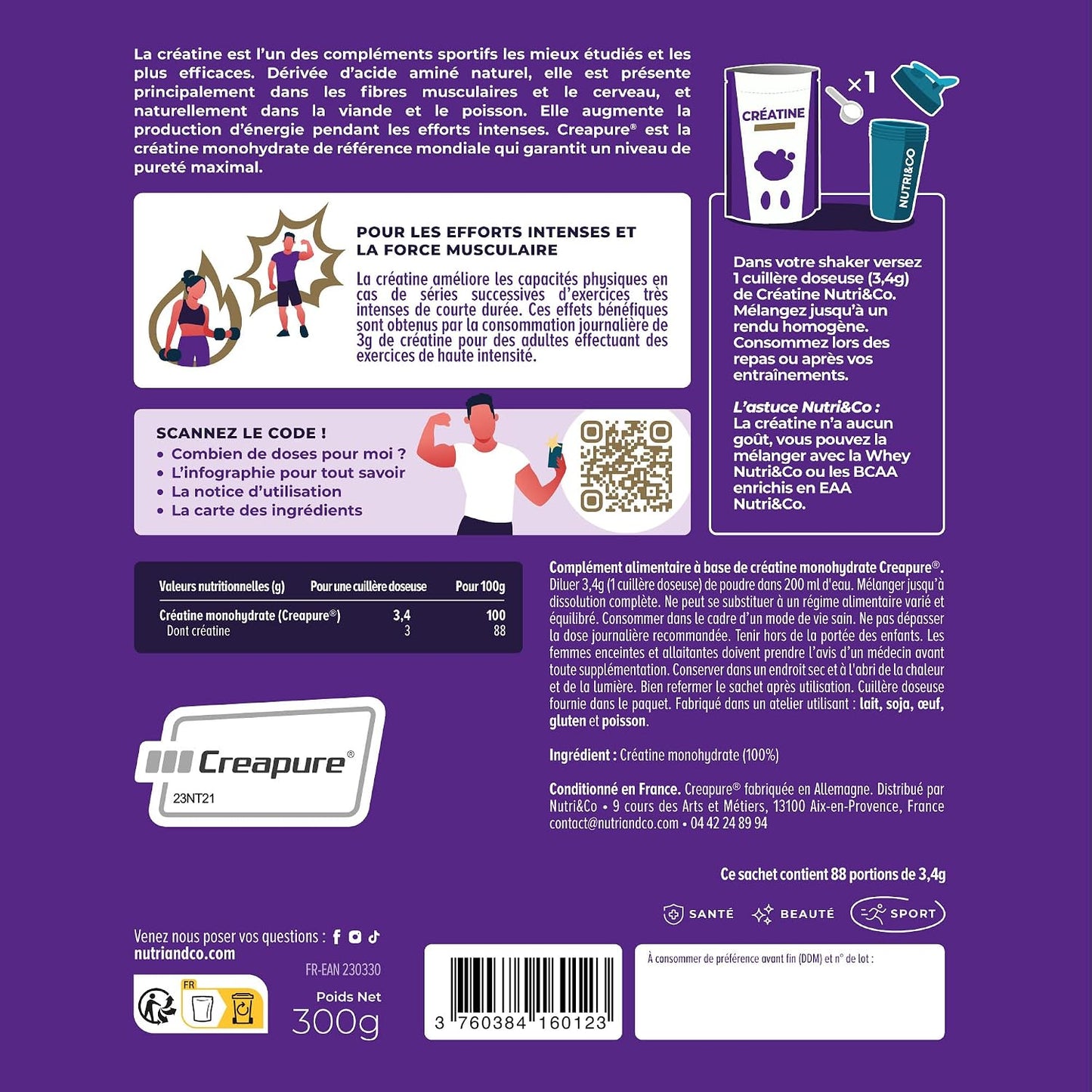 NUTRI&CO Créatine Monohydrate Creapure® 100% Pure | Poudre | 300g Neutre