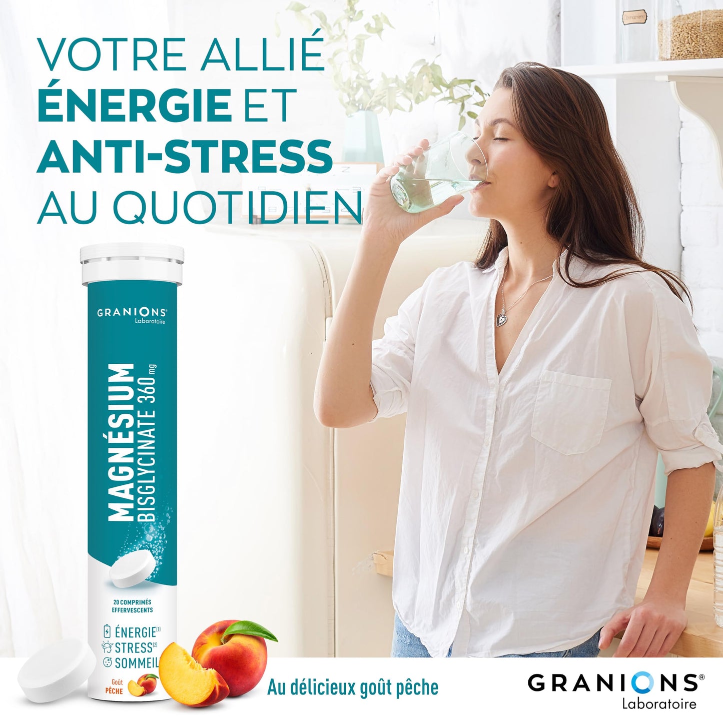 GRANIONS Magnesium Bisglycinate 360 MG - Magnesium Bisglycinate Haute Assimilation + Vitamine B6 - Anti Stress Adulte, Anti Fatigue Puissant - Sans Sucre & Vegan - 10 Shots - Goût Framboise