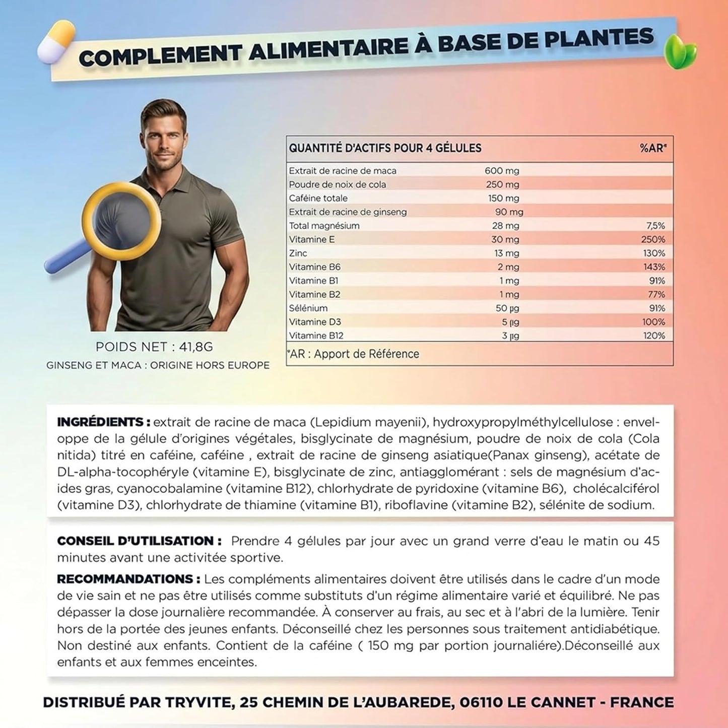 TRYVITE Testo – Homme Actif & Routine Sport – 90 Gélules.