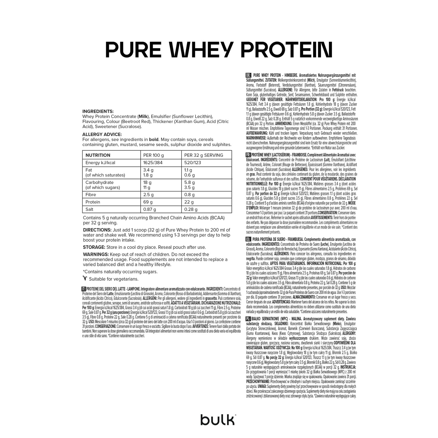 Bulk Pure Whey Protéine en Poudre, Nature, 1kg