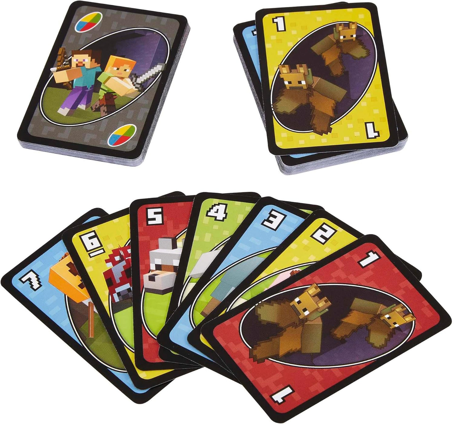 Mattel Games UNO Minecraft Jeu de Cartes, Cadeaux pour Enfants et soirée en Famille, sur Le thème du Jeu vidéo Minecraft, Jeux de Voyage, boîte de Rangement, HJC88