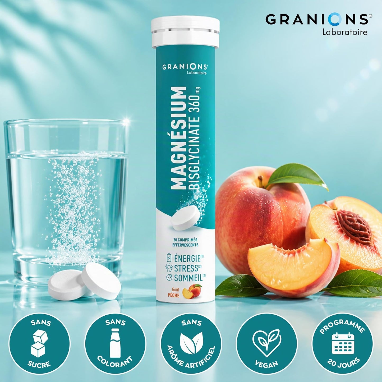 GRANIONS Magnesium Bisglycinate 360 MG - Magnesium Bisglycinate Haute Assimilation + Vitamine B6 - Anti Stress Adulte, Anti Fatigue Puissant - Sans Sucre & Vegan - 10 Shots - Goût Framboise
