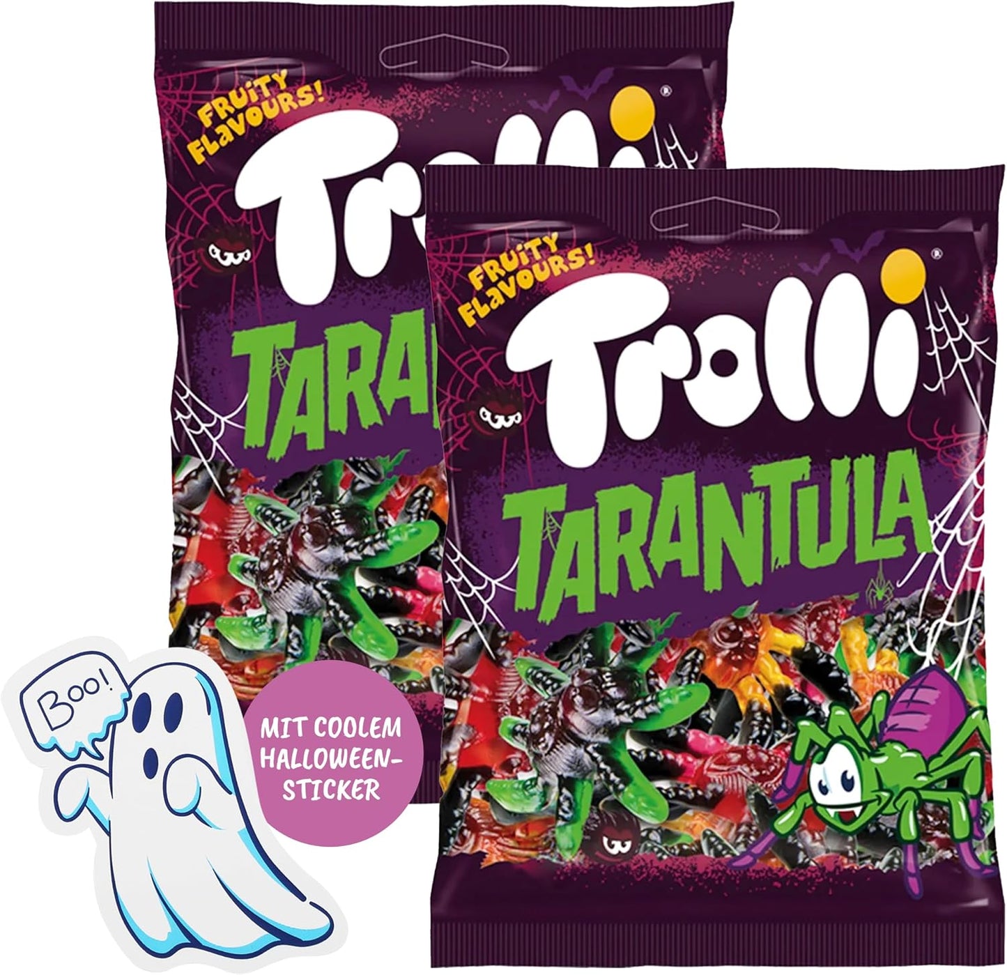 Trolli Ensemble de Tarentules en Caoutchouc de 2 Pièces 150 g Chacune Inclus Autocollants Fantômes, Sans Lactose et Sans Gluten, Bonbons à la Gelée de Fruit en Forme de Tarentule en Divers Saveurs