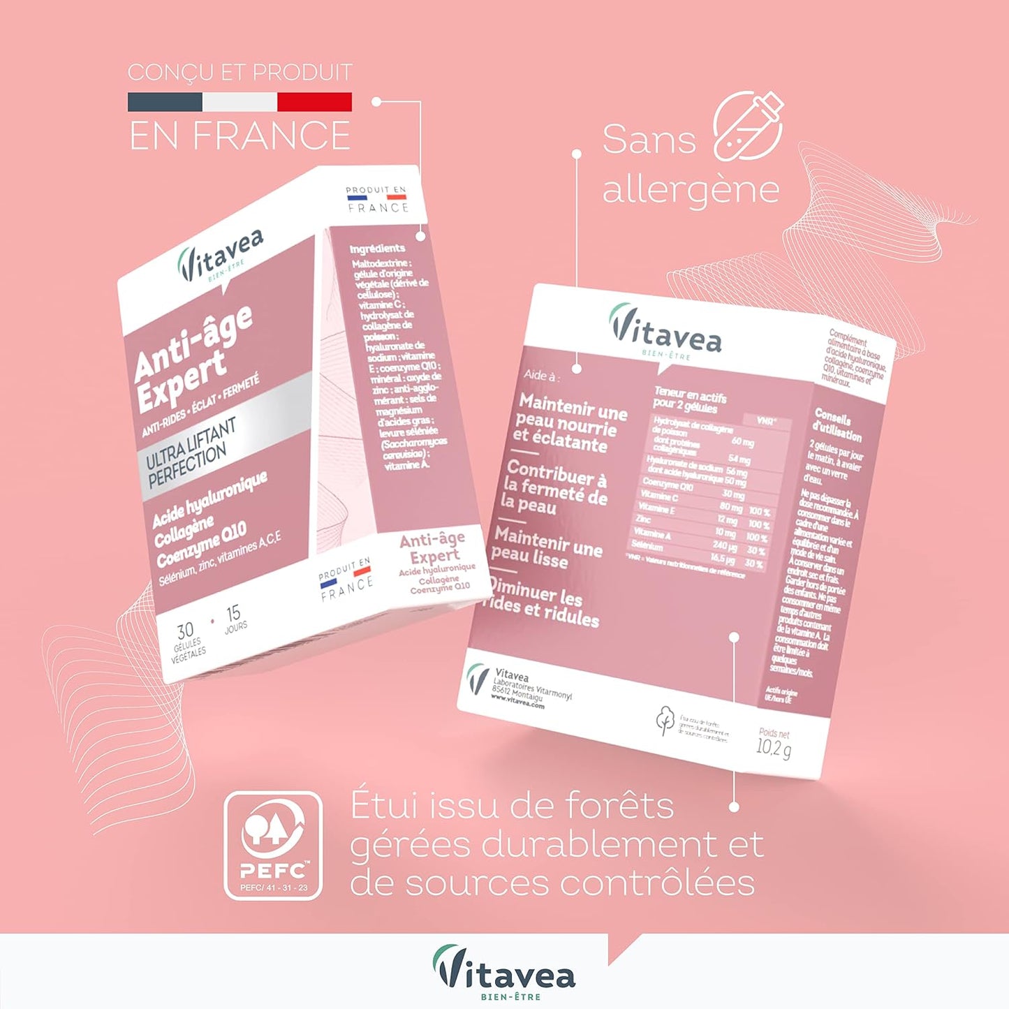 Vitavea - Antiedad/Arrugas Expert Ultra Lifting - Complemento Alimenticio Luminosidad, Firmeza - Ácido Hialurónico, Colágeno, Coenzima Q10, Zinc - 30 cápsulas - Tratamiento de 15 días - Fabricado en Francia