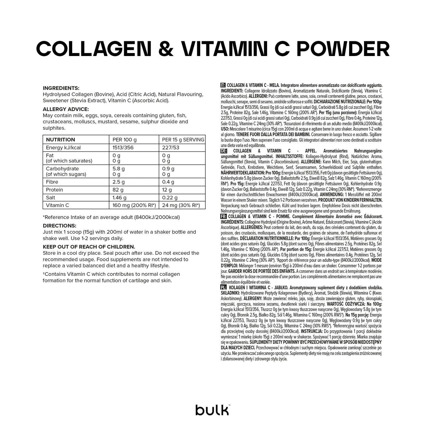 Bulk Collagène et Vitamine C en Poudre, Orange, 500 g