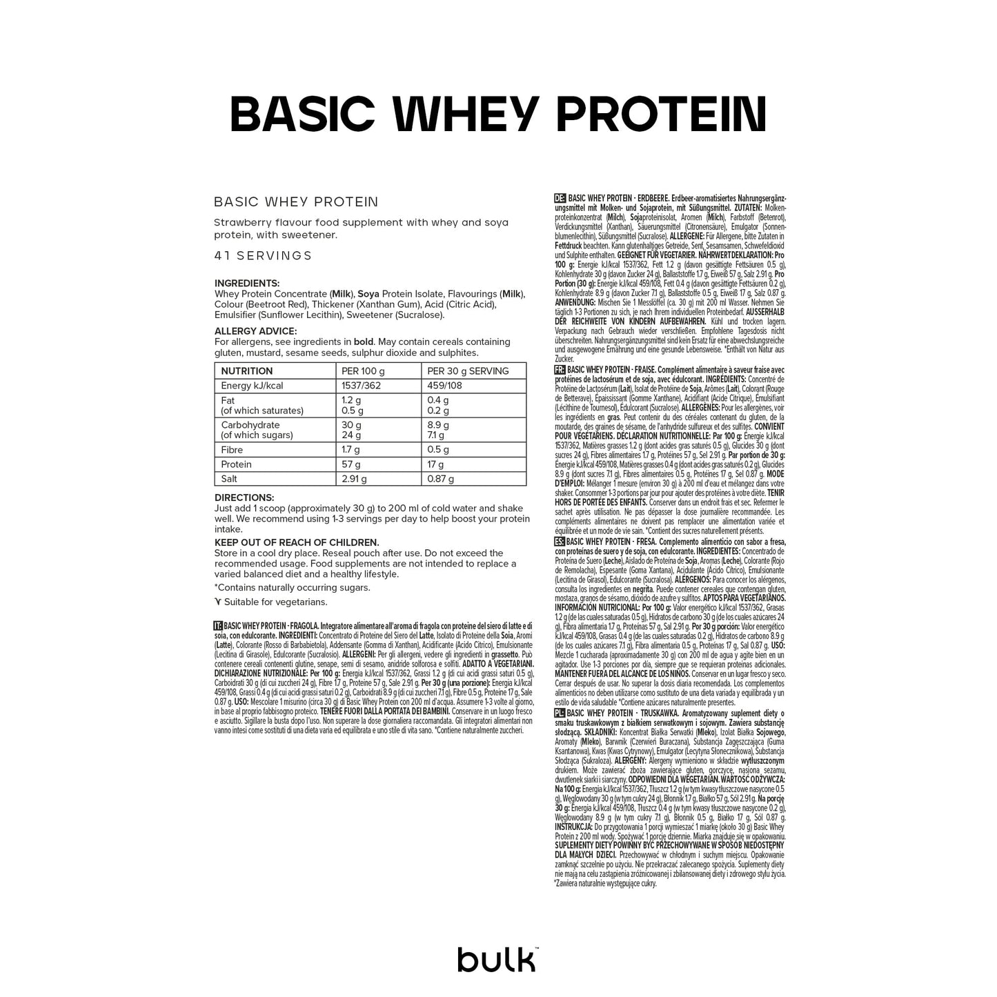 Bulk Basic Protéine en Poudre | Vanille | 1,25kg | 41 Portions | Jusqu’à 18g de Protéines Portion | Faible en Sucres | Formule à Absorption Rapide | Prise de Masse Musculaire et la Récupération